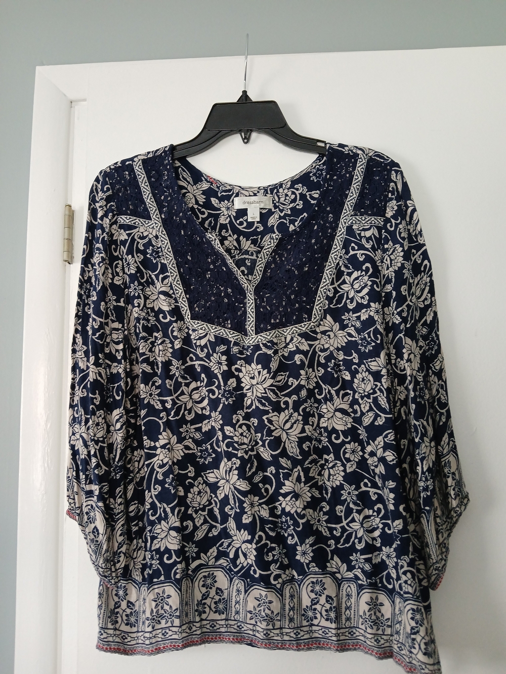dressbarn Navy and White Floral Tunic with Crochet Trim Size L